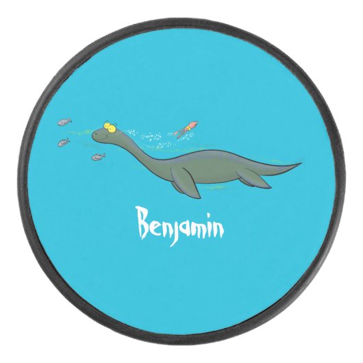 Kute, gelukkig zee monsterplesiosaur cartoon hockey puck (Voorkant)