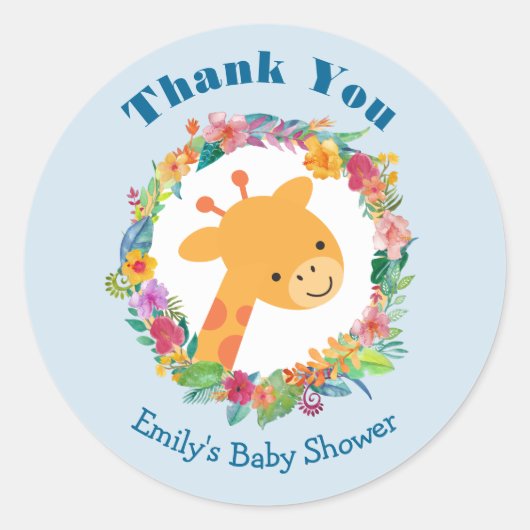 Kute Giraffe met een Floral Wreated Baby shower Ronde Sticker (Voorkant)