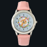 Kute Giraffe met een Waterverf Floral Wreater Horloge<br><div class="desc">Een gepersonaliseerd horloge met een afbeelding van een schattig giraffe gezicht,  omringd door een krans van waterverf. Kleurrijk en schattig.</div>