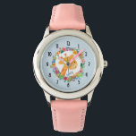 Kute Giraffe met een Waterverf Floral Wreater Horloge<br><div class="desc">Een gepersonaliseerd horloge met een afbeelding van een schattig giraffe gezicht,  omringd door een krans van waterverf. Kleurrijk en schattig.</div>