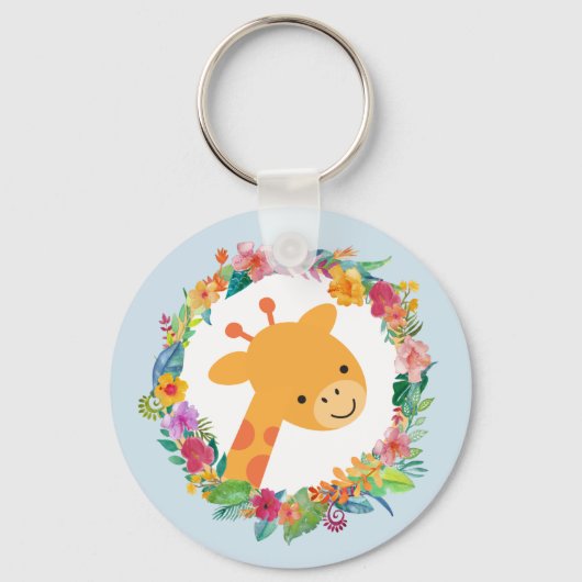 Kute Giraffe met een Waterverf Floral Wreater Sleutelhanger (Voorkant)