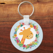 Kute Giraffe met een Waterverf Floral Wreater Sleutelhanger (Voorkant)