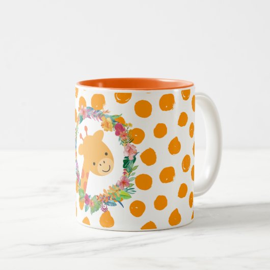 Kute Giraffe met een Waterverf Floral Wreater Tweekleurige Koffiemok (Voorkant rechts)