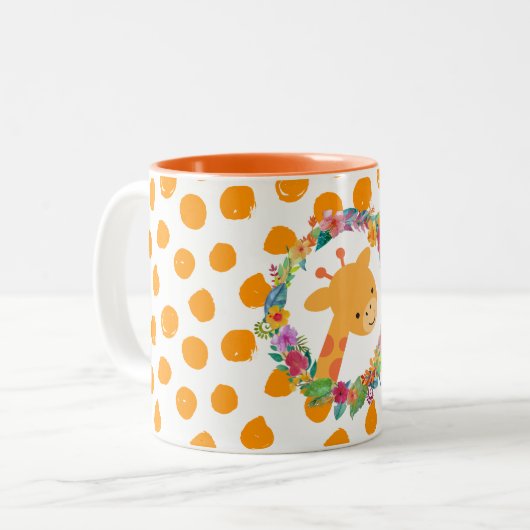 Kute Giraffe met een Waterverf Floral Wreater Tweekleurige Koffiemok (Voorkant links)