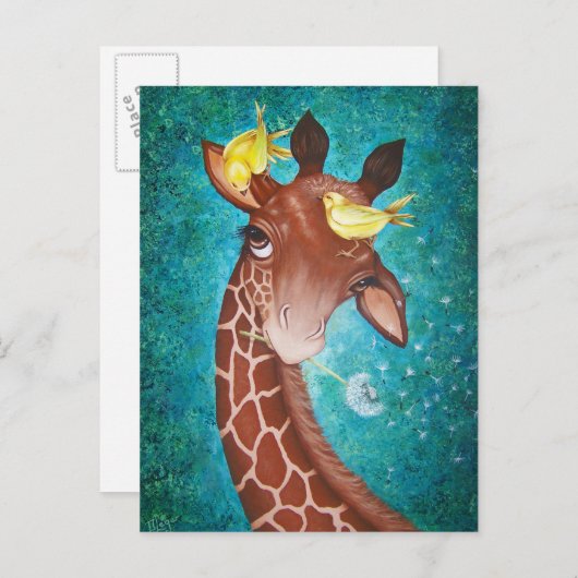 Kute Giraffe met vogels Briefkaart (Voorkant / Achterkant)
