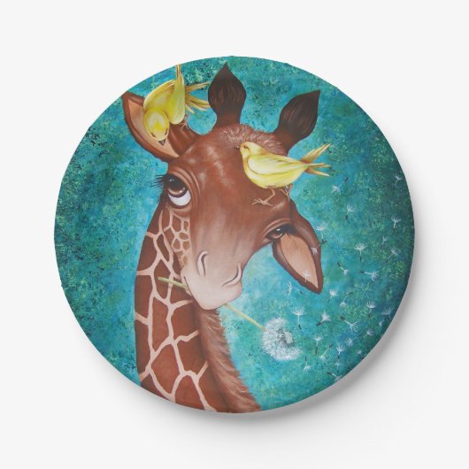 Kute Giraffe met vogels Papieren Bordje (Voorkant)