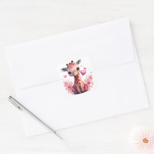 Kute Giraffe Valentijn Vierkante Sticker (Envelop)