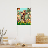 Kute Giraffe zingt met microfoon in bloementtuin Poster (Keuken)