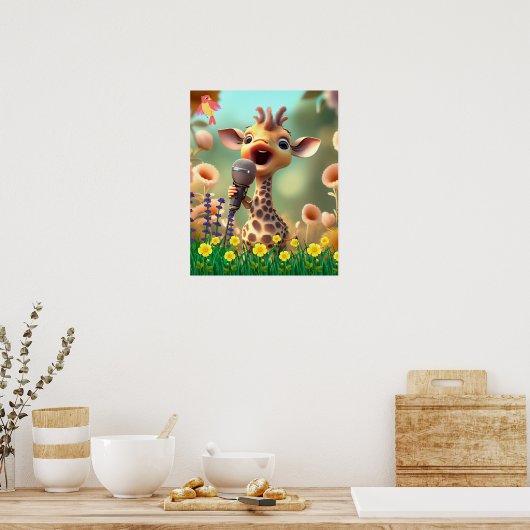 Kute Giraffe zingt met microfoon in bloementtuin Poster (Keuken)