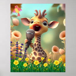 Kute Giraffe zingt met microfoon in bloementtuin Poster