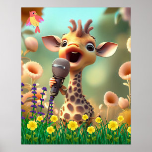 Kute Giraffe zingt met microfoon in bloementtuin Poster