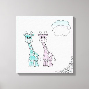 Kute Giraffes met hart en met wolken Canvas Afdruk