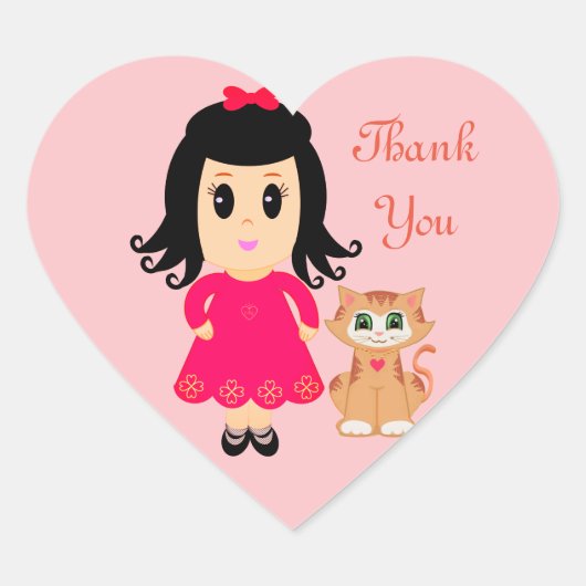 Kute girl & een gemberkatje kat roze Dank je Hart Sticker (Voorkant)