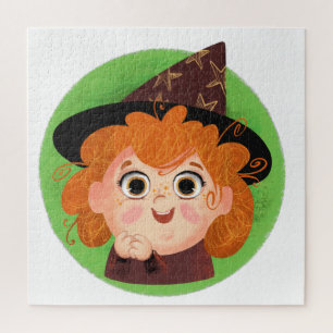 Kute girl in een heksenkostuum gooit kussen legpuzzel
