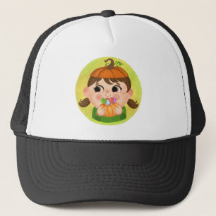 Kute girl in een kostuum van Pumpkin Halloween Trucker Pet