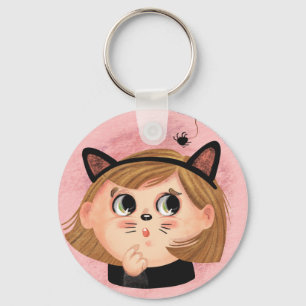 Kute girl in een zwart kat Halloween-kostuum Pape Sleutelhanger