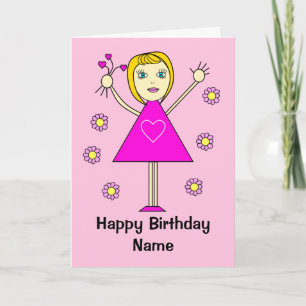 Kute Girl met Hearts Pink Cartoon Birthday Kaart