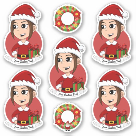 Kute girl met lange bruine kerstcartoon S Sticker (Voorkant)