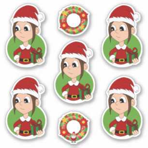 Kute girl met lange bruine kerstcartoon S Sticker
