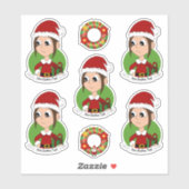 Kute girl met lange bruine kerstcartoon S Sticker (Vel)