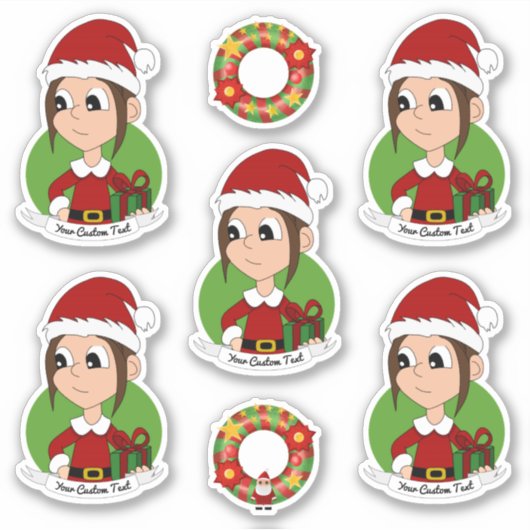 Kute girl met lange bruine kerstcartoon S Sticker (Voorkant)