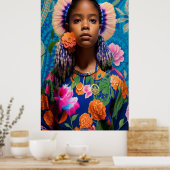 Kute girl met oranje bloemen poster (Keuken)