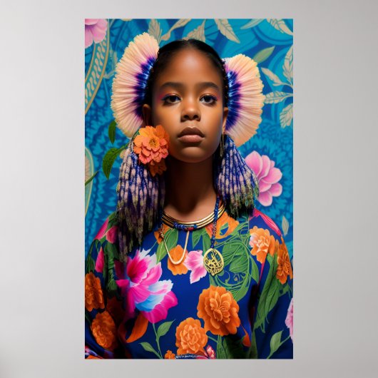 Kute girl met oranje bloemen poster (Voorkant)