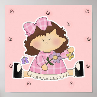 Kute Girl Sitting with Flower and Butterflies Poster