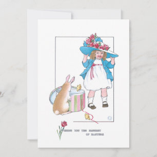 Kute Girl w/Paasbonnet, Bunny & Chicken Feestdagenkaart