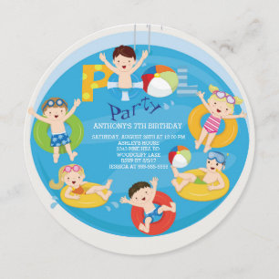 Kute Girls & Boys Pool Birthday Invitation Kaart