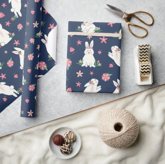 Kute Girly Bunny Rabbit Modern Blue Roze Cadeaupapier (Crafts)