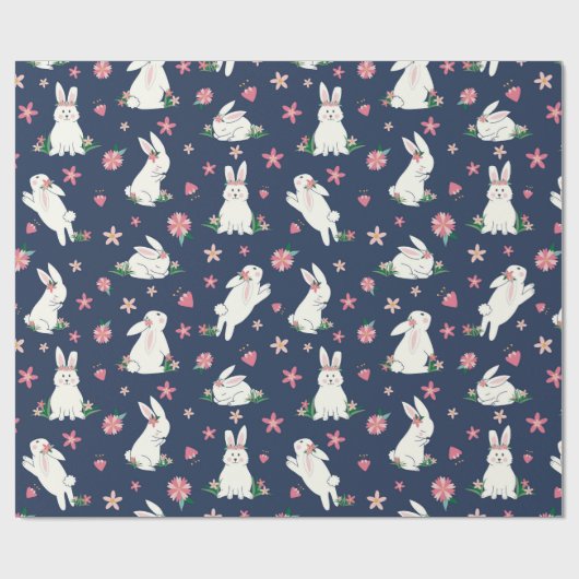 Kute Girly Bunny Rabbit Modern Blue Roze Cadeaupapier (Vlak)