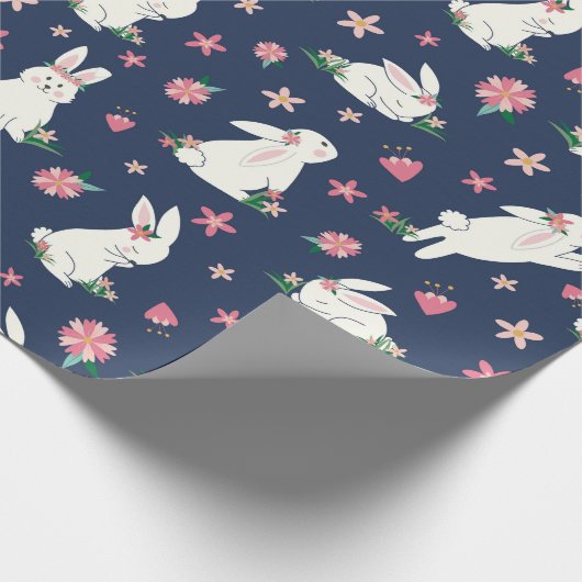 Kute Girly Bunny Rabbit Modern Blue Roze Cadeaupapier (Hoek)