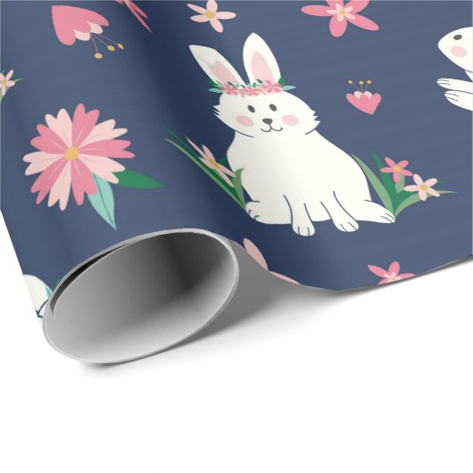 Kute Girly Bunny Rabbit Modern Blue Roze Cadeaupapier (Rol Hoek)