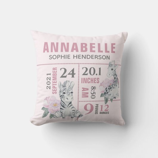 Kute Girly Floral Oerwoud Animals Birth Stats Kussen (Voorkant)