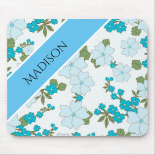Kute Girly Flower Personalized Name Blue Muismat