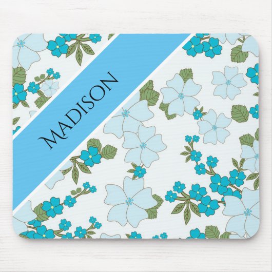 Kute Girly Flower Personalized Name Blue Muismat (Voorkant)