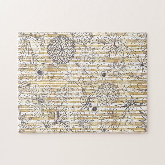 Kute Girly Grey Floral Doodles Gold Stripes Design Legpuzzel (Horizontaal)