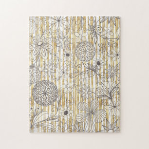 Kute Girly Grey Floral Doodles Gold Stripes Design Legpuzzel