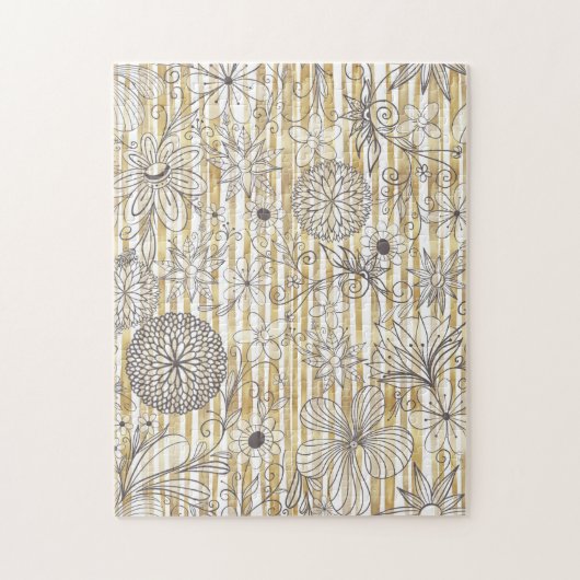 Kute Girly Grey Floral Doodles Gold Stripes Design Legpuzzel (Verticaal)