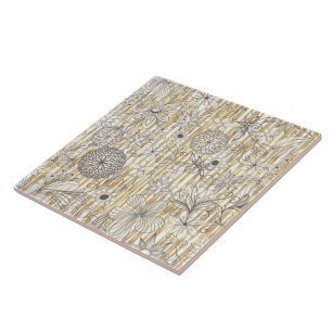 Kute Girly Grey Floral Doodles Gold Stripes Design Tegeltje