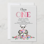Kute Girly Modern Flower Panda & Name 1st Birthday Kaart (Voorkant)