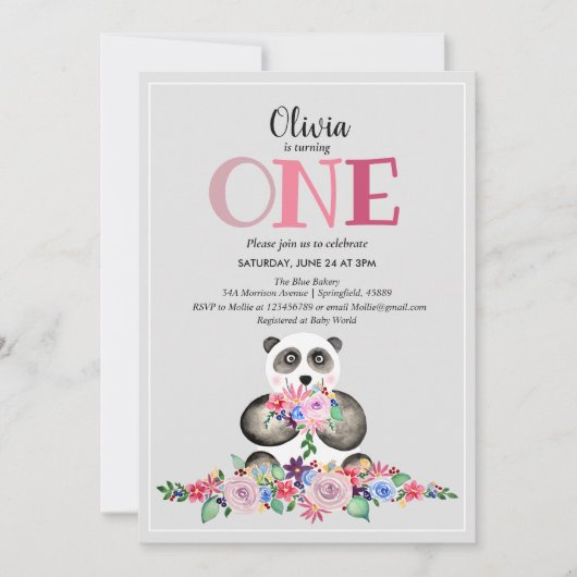 Kute Girly Modern Flower Panda & Name 1st Birthday Kaart (Voorkant)