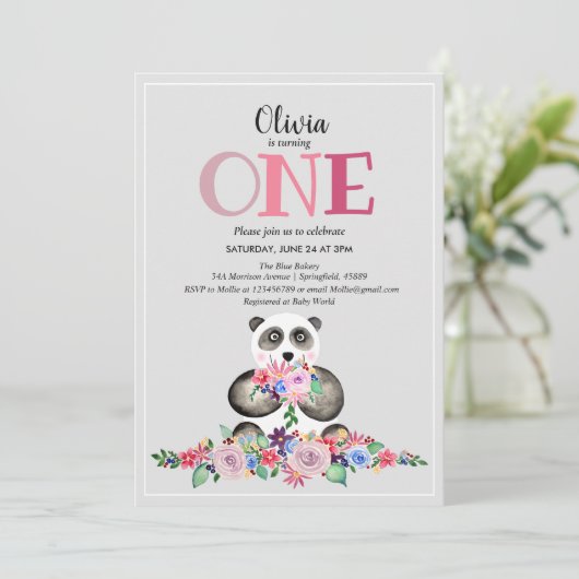 Kute Girly Modern Flower Panda & Name 1st Birthday Kaart (Staand voorkant)