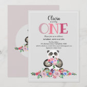 Kute Girly Modern Flower Panda & Name 1st Birthday Kaart (Voorkant / Achterkant)