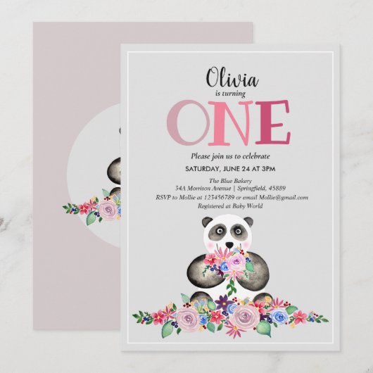 Kute Girly Modern Flower Panda & Name 1st Birthday Kaart (Voorkant / Achterkant)