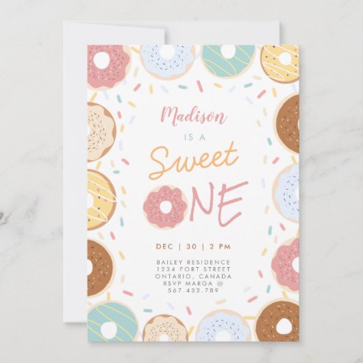 Kute Girly Modern Pastel Donut First Birthday Kaart (Voorkant)