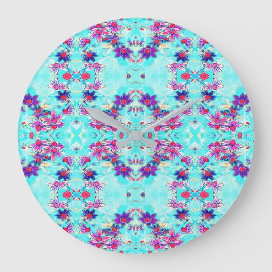 Kute Girly Paars Flower Pattern op Aqua Blue Grote Klok (Voorkant)