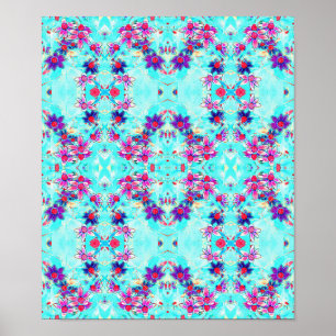 Kute Girly Paars Flower Pattern op Aqua Blue Poster