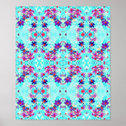 Kute Girly Paars Flower Pattern op Aqua Blue Poster (Voorkant)